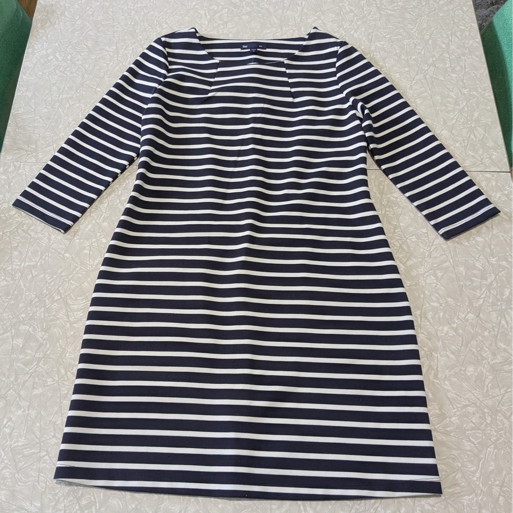 Gap Womens Navy Blue White Striped 3/4 Sleeve Boat Neck Shift Dress Small NWT